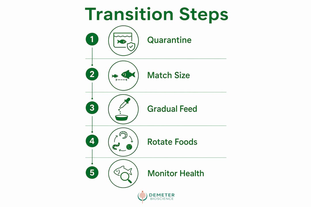 Infographic with step-by-step guide to live fish food transition