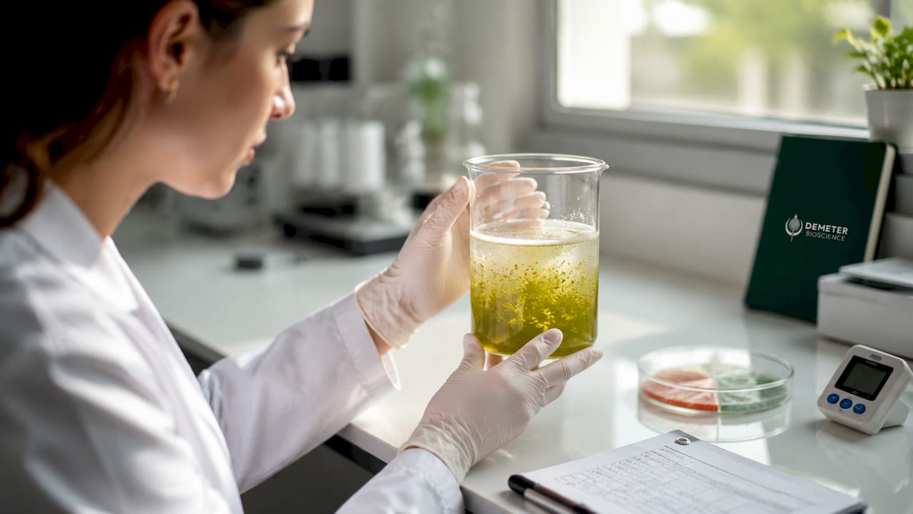 Researcher swirling brine shrimp enrichment culture