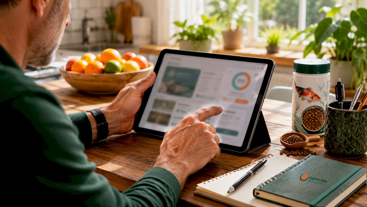 Man managing fish food subscription on a tablet