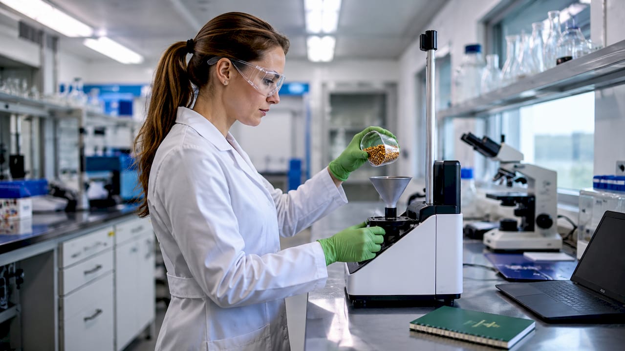 Hands testing fish feed contaminants in laboratory