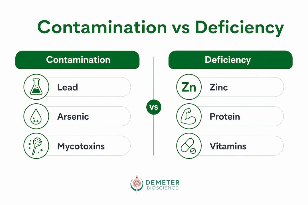 Infographic comparing fish feed contamination and deficiency risks