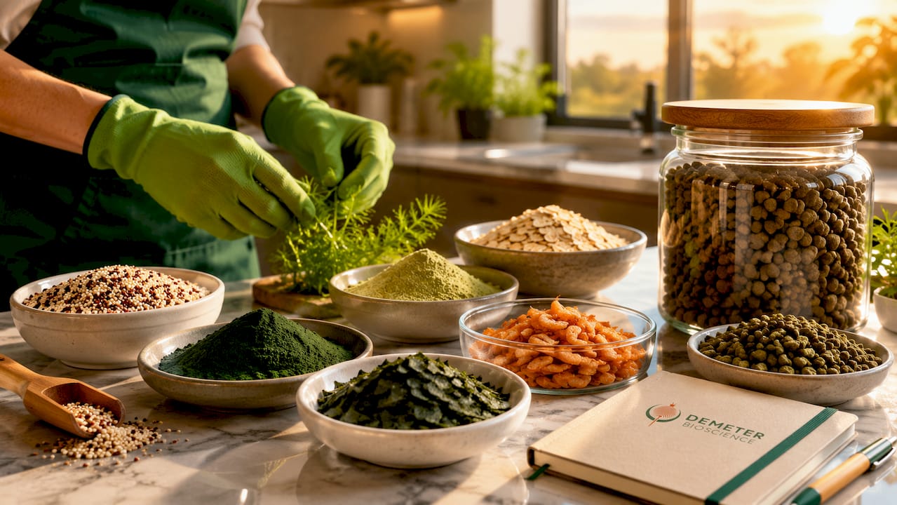 Close-up of organic fish food ingredients on table