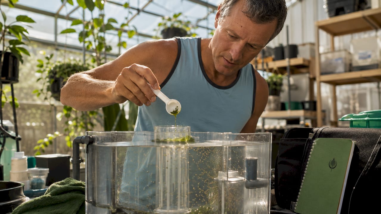 Hobbyist feeding algae to brine shrimp at home