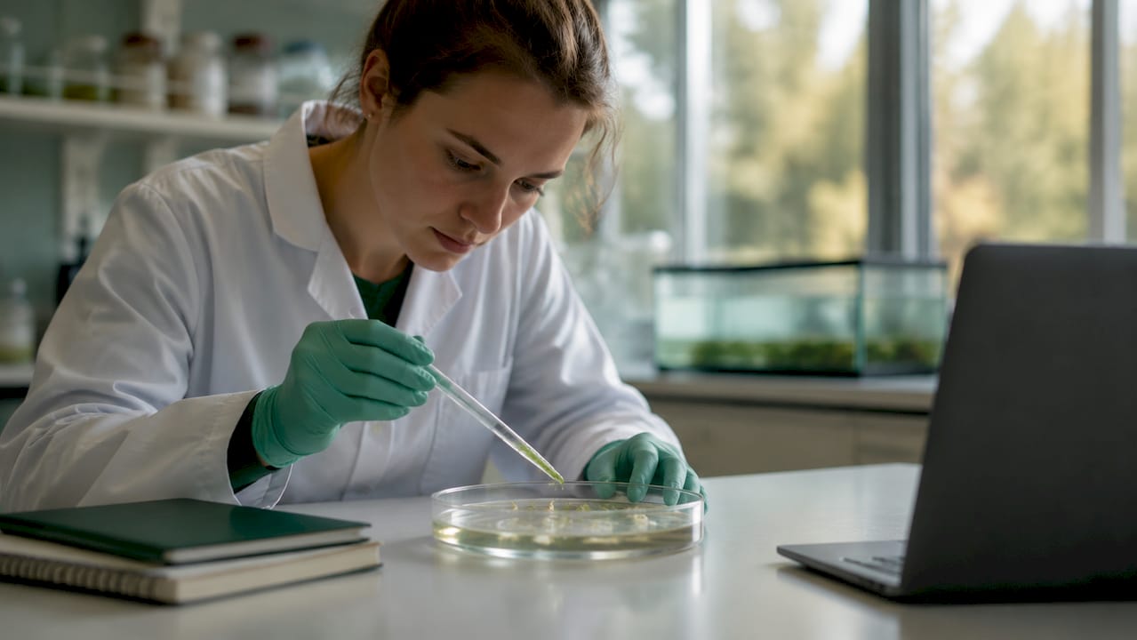 Researcher adding algae to brine shrimp culture dish