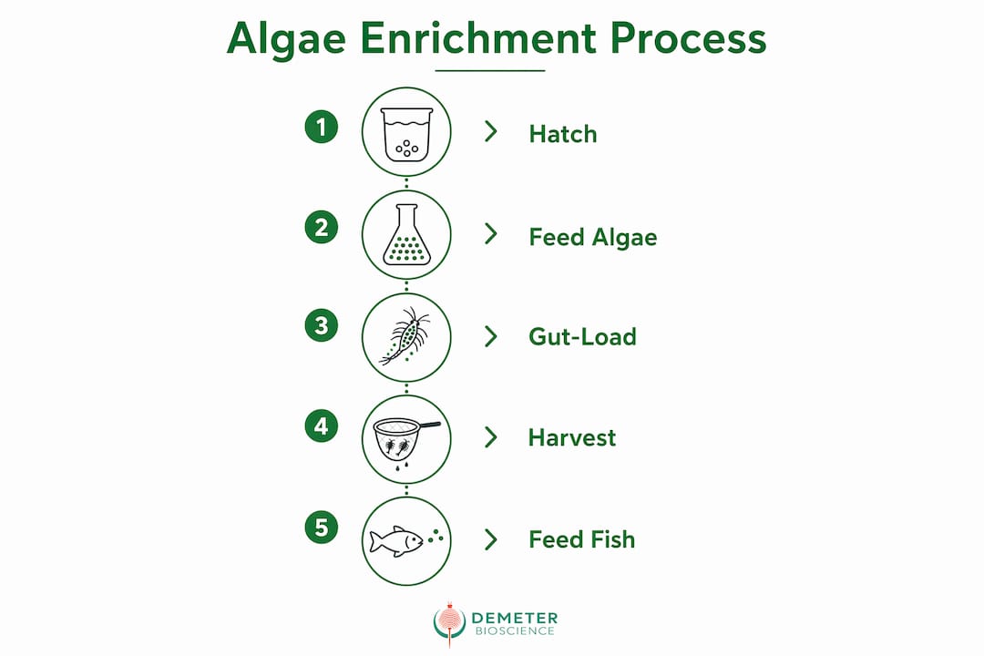 Infographic showing algae enrichment steps for brine shrimp