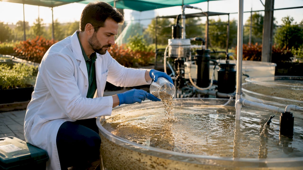 Hands handling live brine shrimp samples