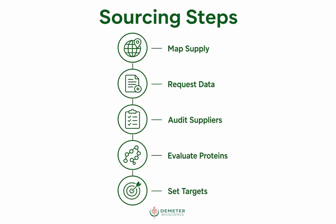 Infographic outlining steps for sourcing sustainable aquatic feed