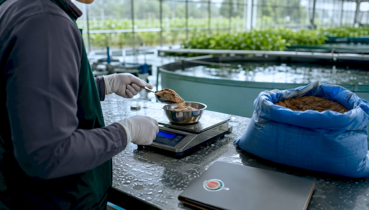 Hands weighing fishmeal protein powder on scale