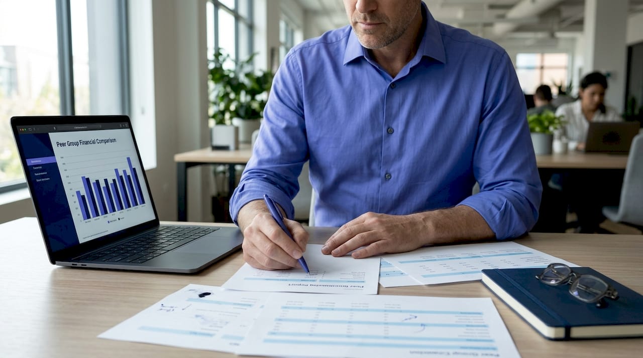 Business professional noting financial benchmarking report