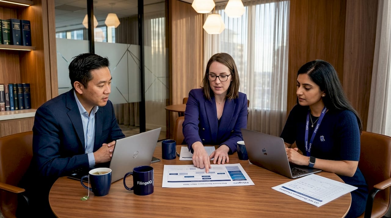 General counsel team collaborating in open workspace