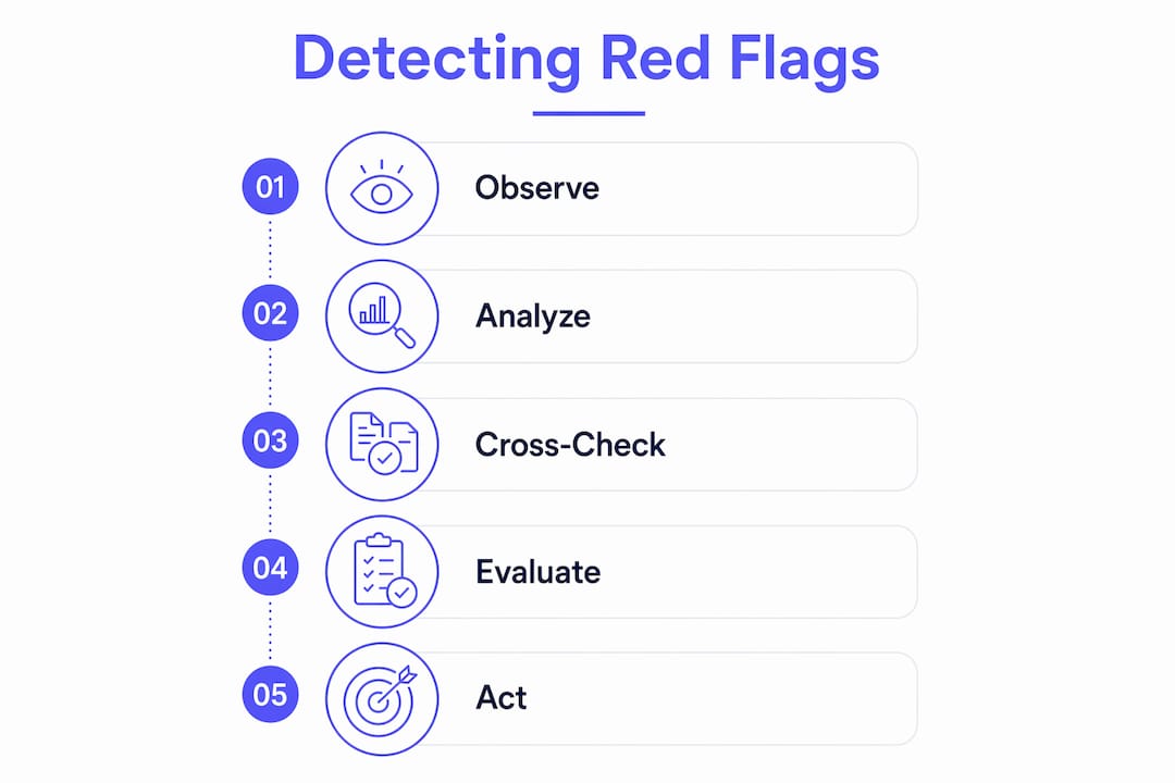 Infographic illustrating steps to detect accounting red flags
