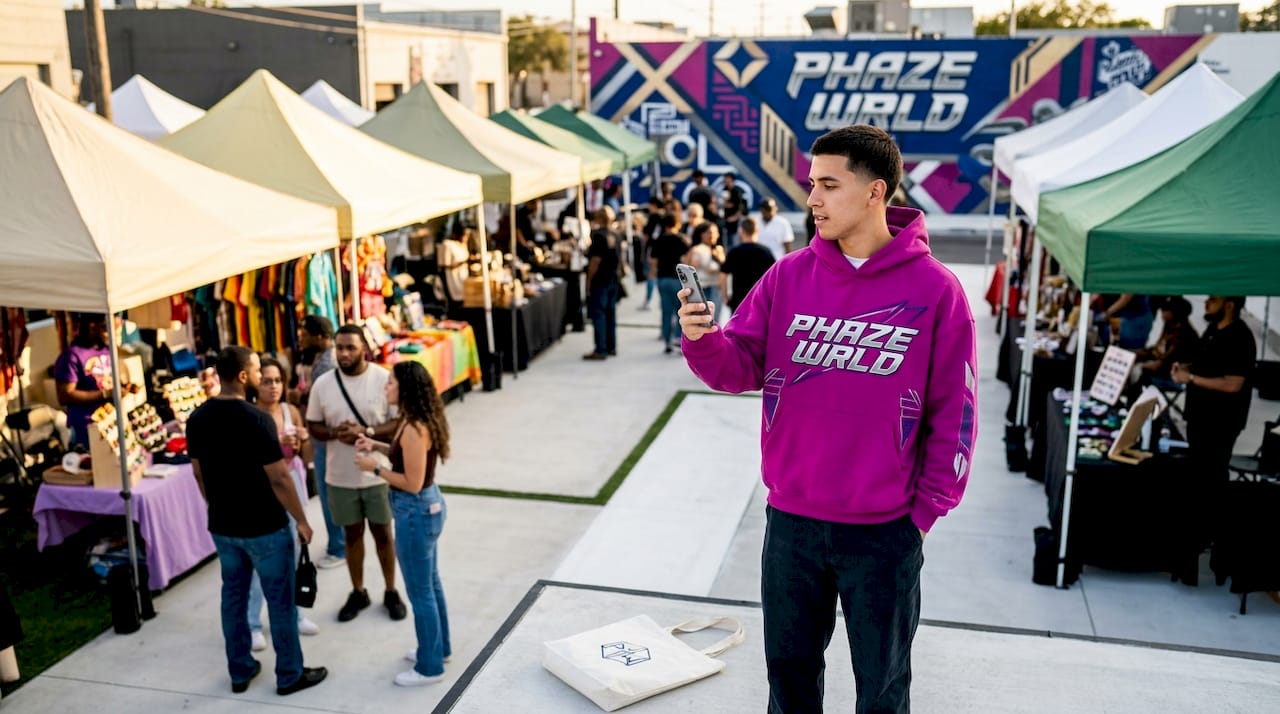 Attendee scanning streetwear event room