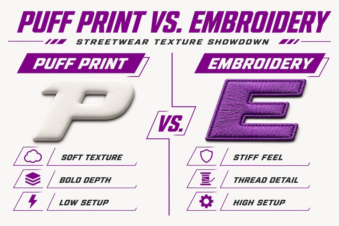 Infographic comparing puff print and embroidery features