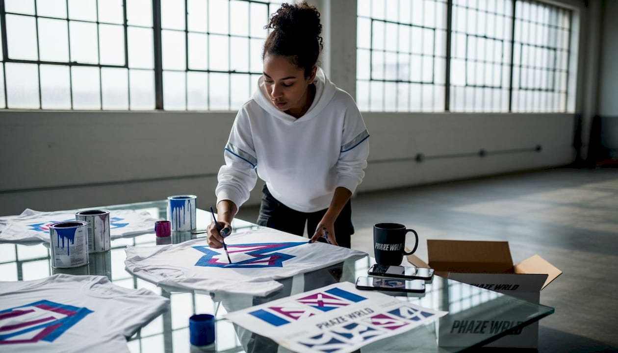 Streetwear artist hand-painting tees in studio
