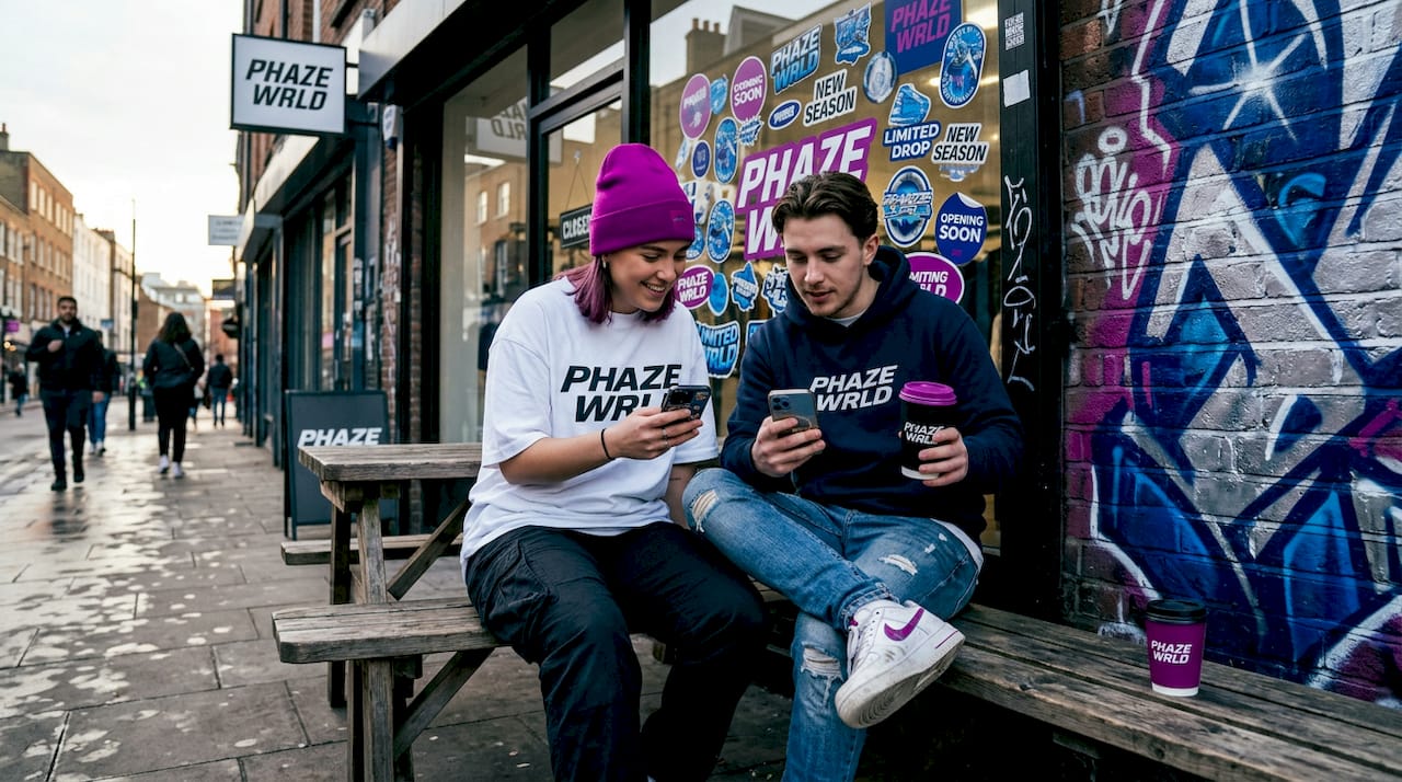 Friends outside streetwear shop before product drop