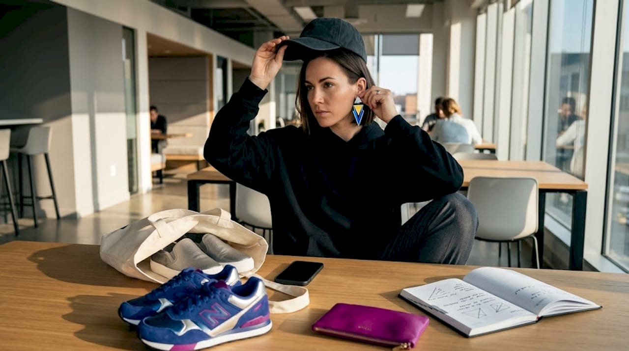 Woman swapping streetwear accessories at home