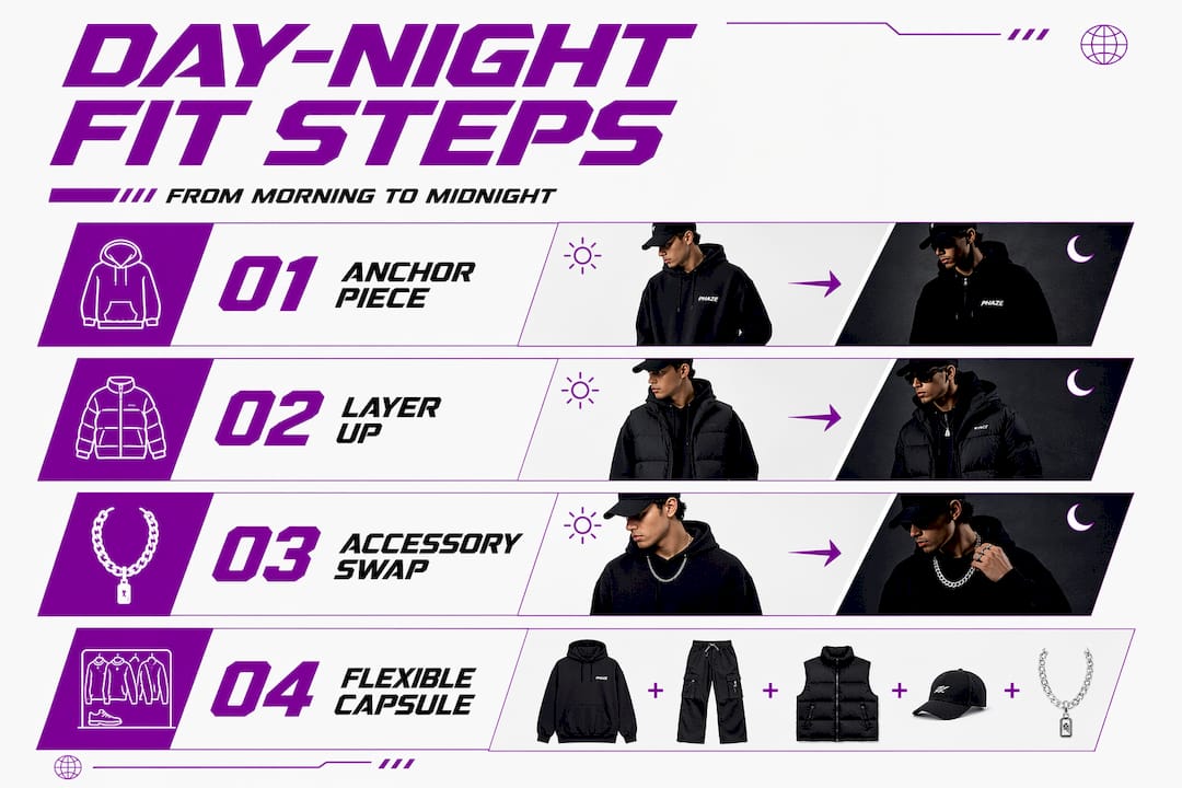 Steps for day-to-night streetwear wardrobe approach