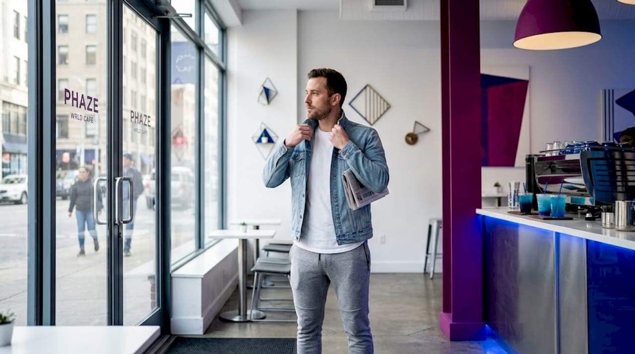 Man adjusting denim jacket over sweatpants