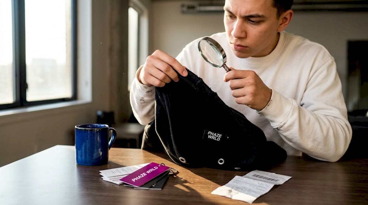 Inspecting stitching on authentic streetwear hoodie
