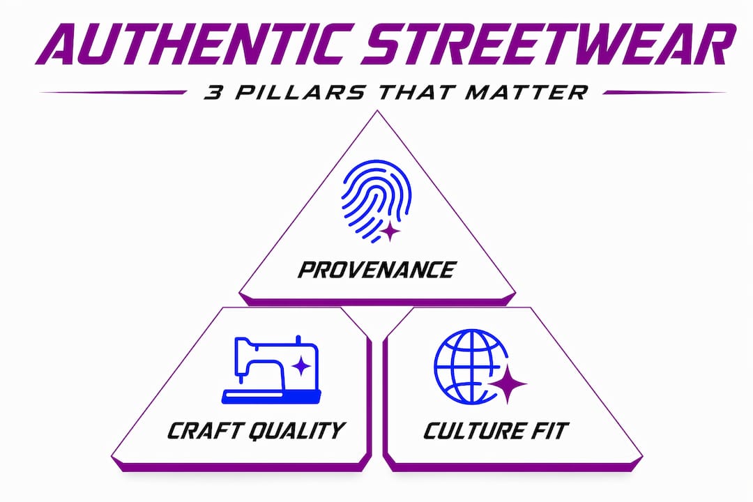 Hierarchy infographic showing three pillars of streetwear authenticity