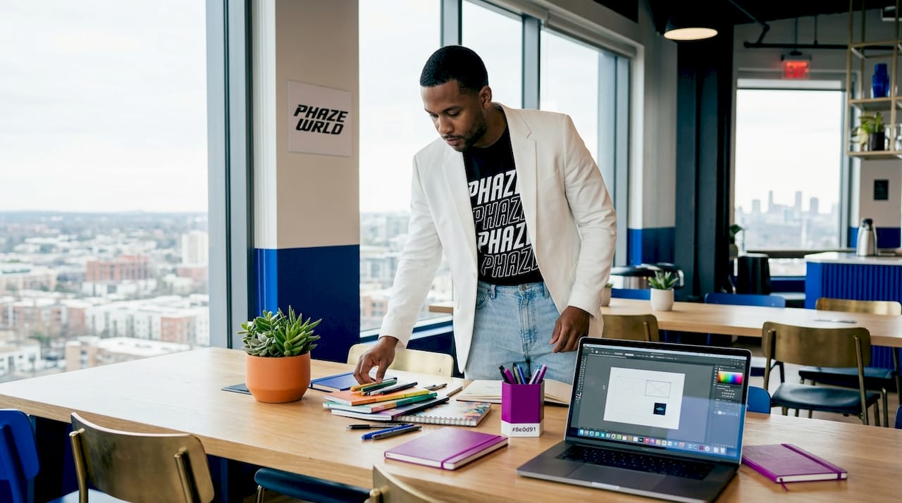 Man in blazer and graphic tee arranging workspace
