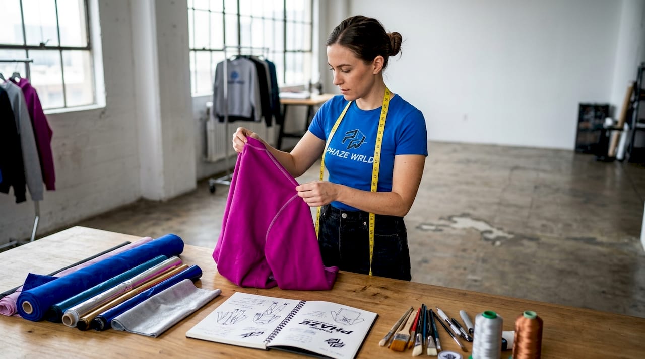 Streetwear workshop manager inspecting sweatshirt
