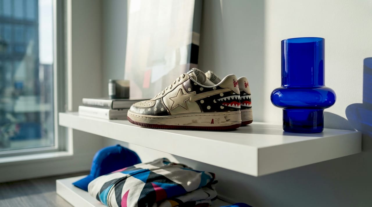 Closeup of rare sneaker grail on shelf
