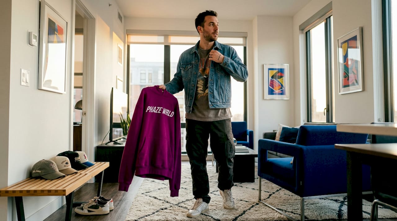 Adult updating streetwear outfit in entryway