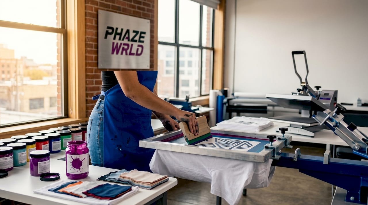 Technician screen printing street art on T-shirt
