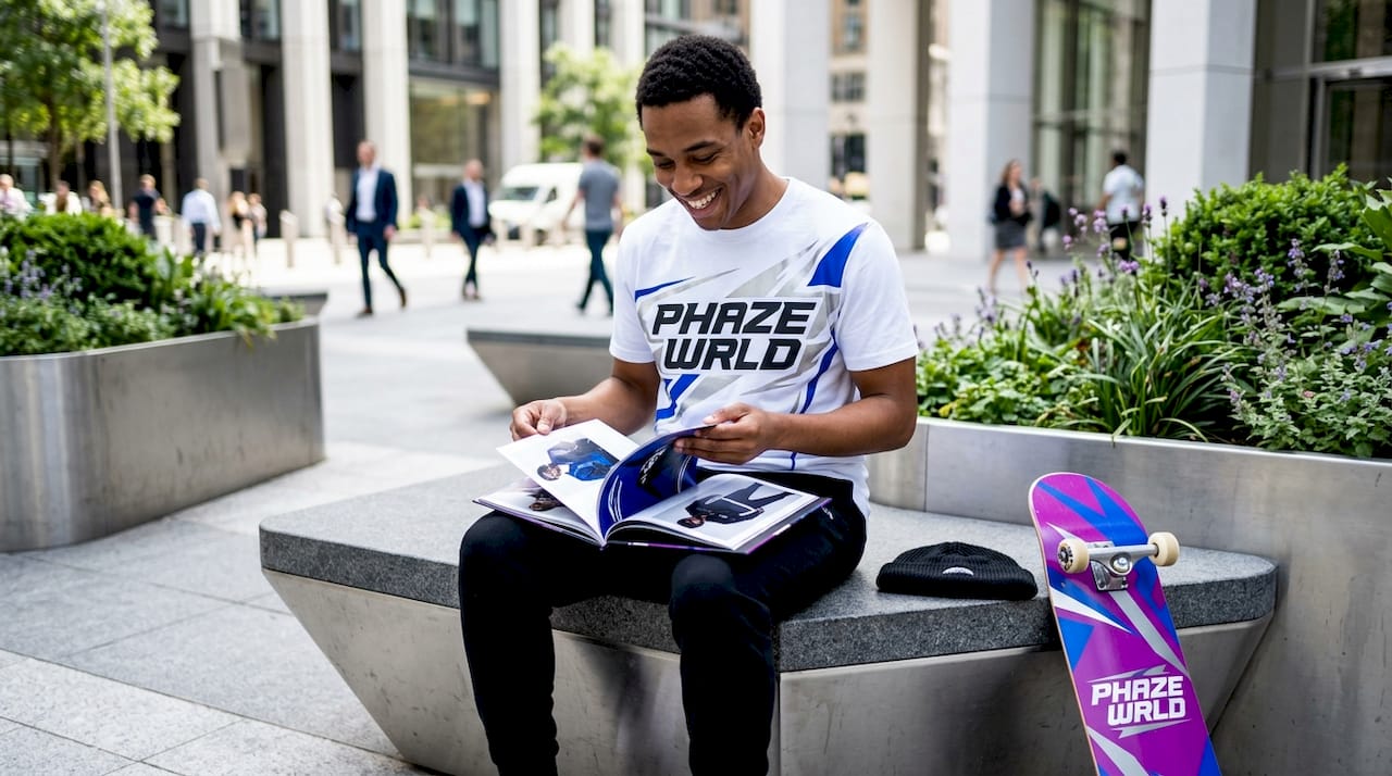 Person wearing graphic tee sitting on park bench