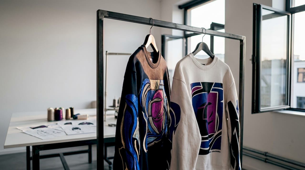 Close-up contrast of embroidered and screen printed sweatshirts