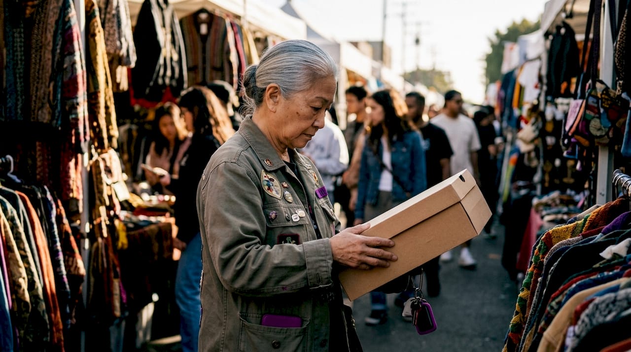 Older woman inspecting OG streetwear sneaker box