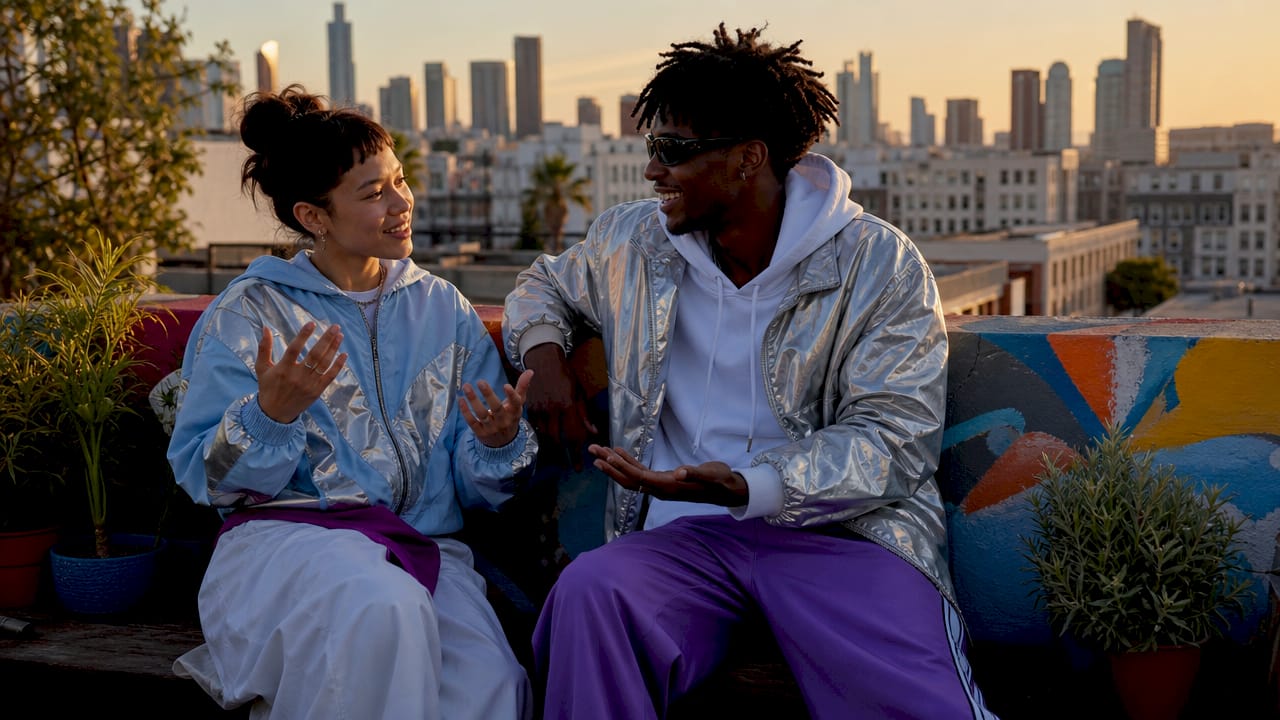Friends discussing streetwear cycle stages on street