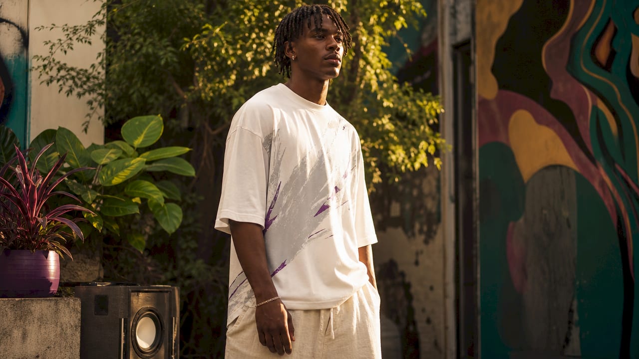 Young man styled in oversized graphic tee and cargo pants
