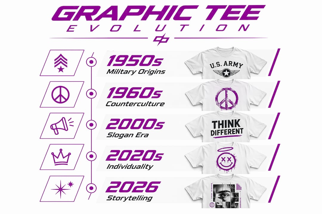 Timeline infographic showing graphic tee culture evolution