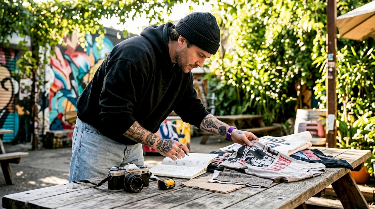 Creator preparing streetwear outfits in studio