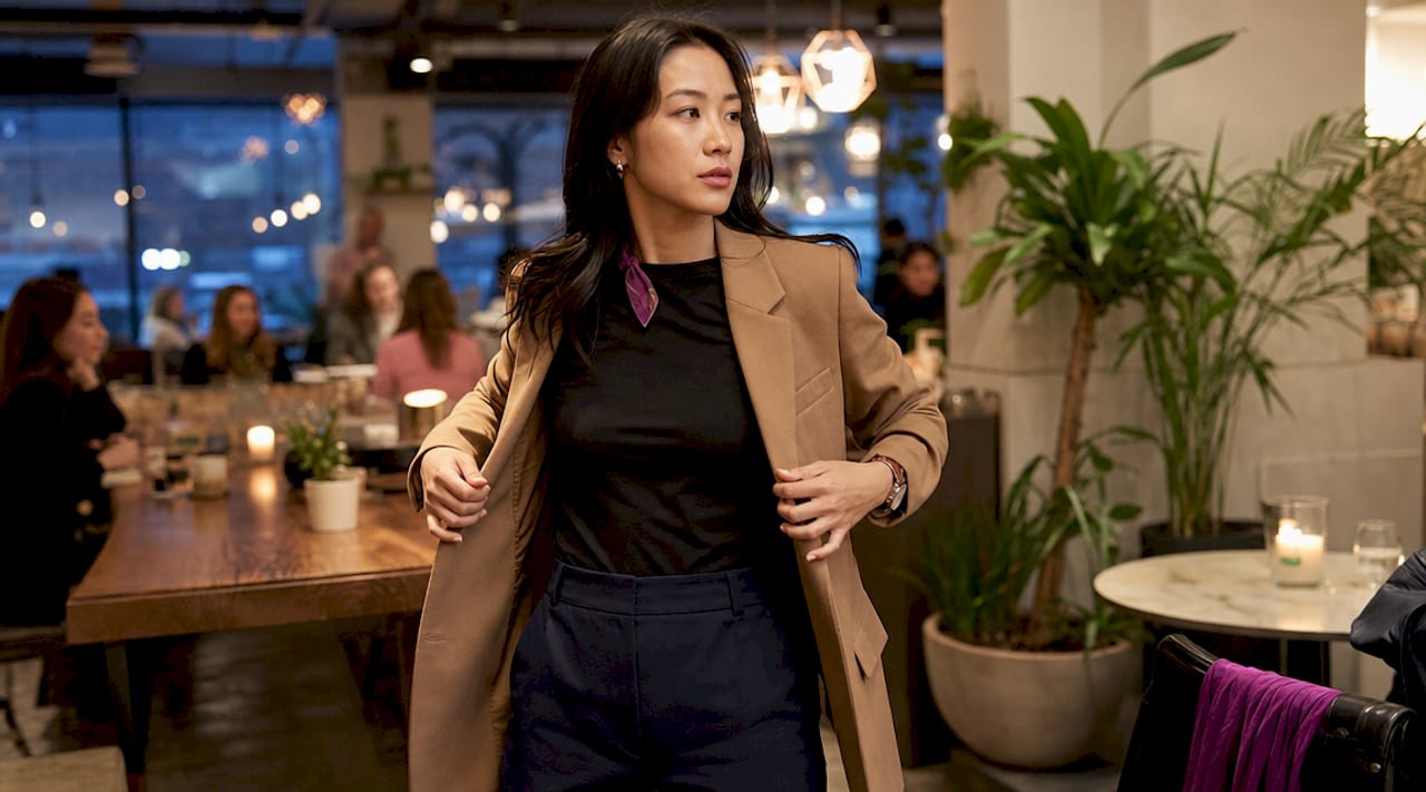 Young woman styling smart casual outfit indoors