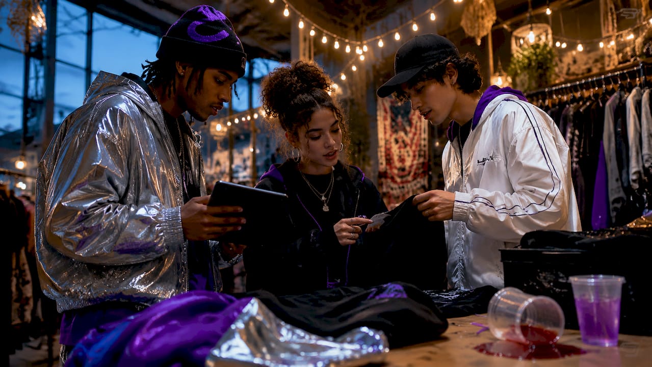 Group interacting with streetwear brand experience outdoors