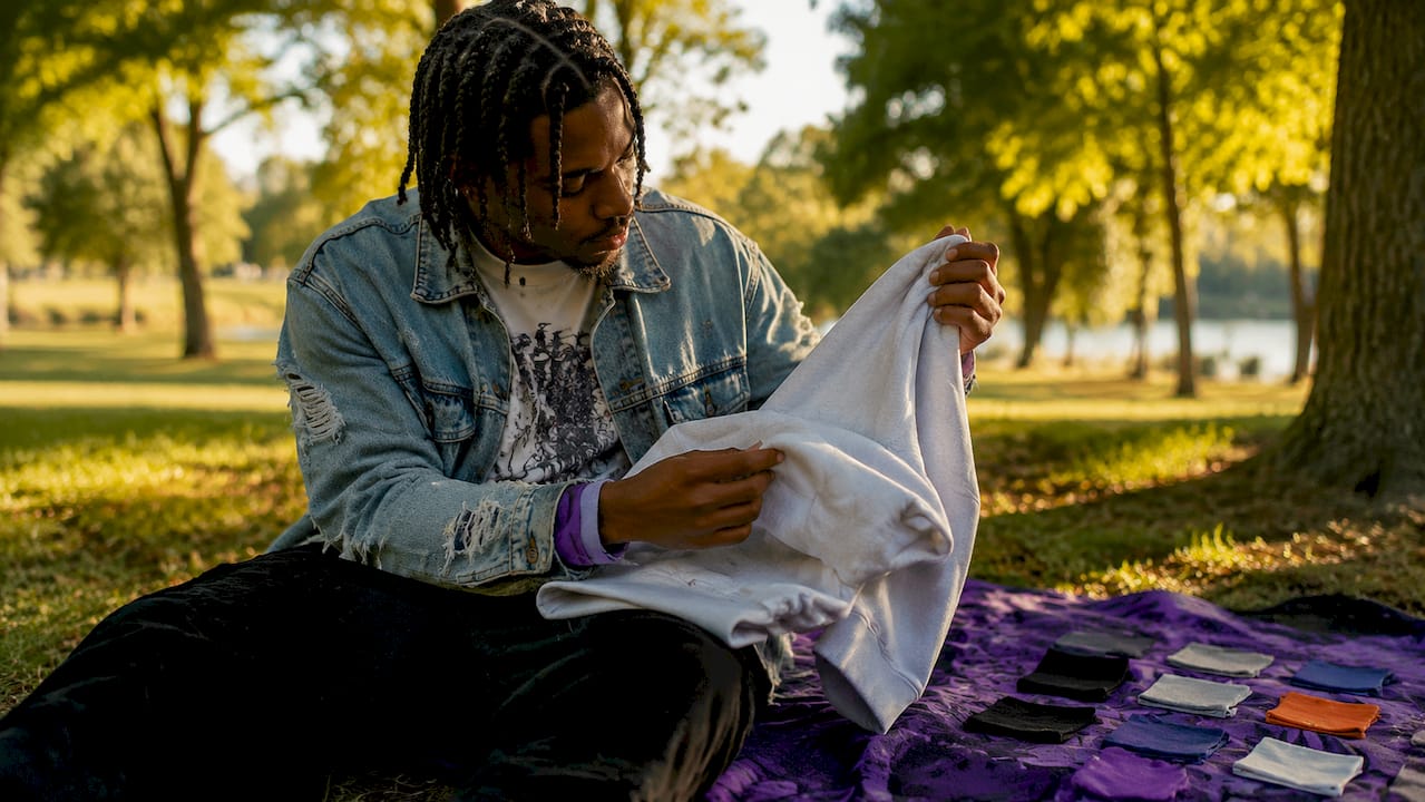 Hands inspecting streetwear hoodie fabric and stitching
