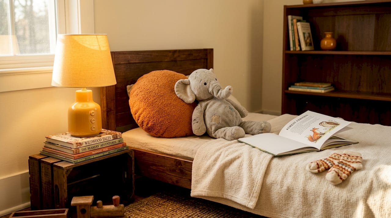 Cozy child’s reading nook with books and lamp