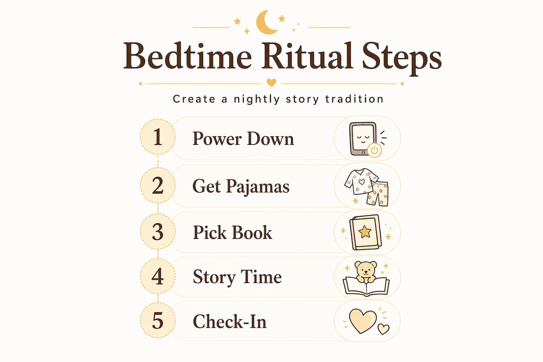 Infographic showing steps for bedtime story ritual
