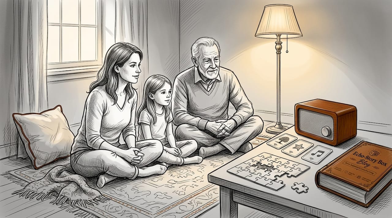Family listening to story device together in living room