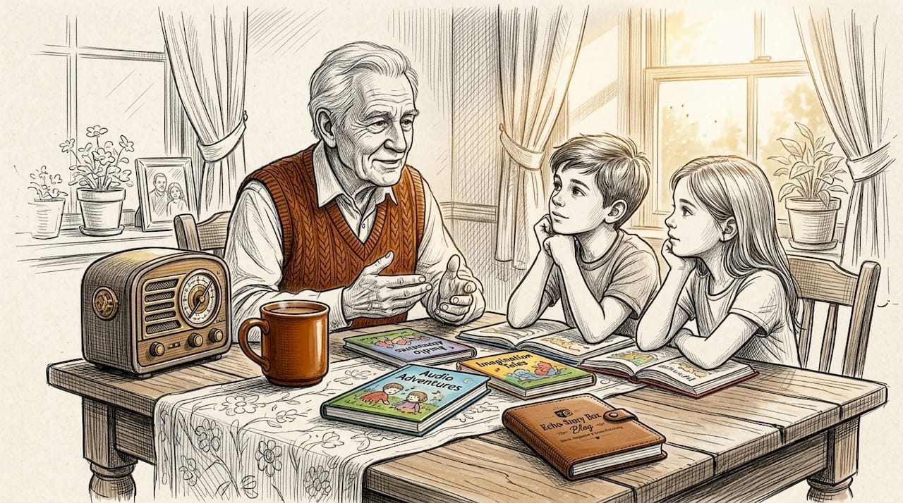 Grandfather sharing memories with grandchildren