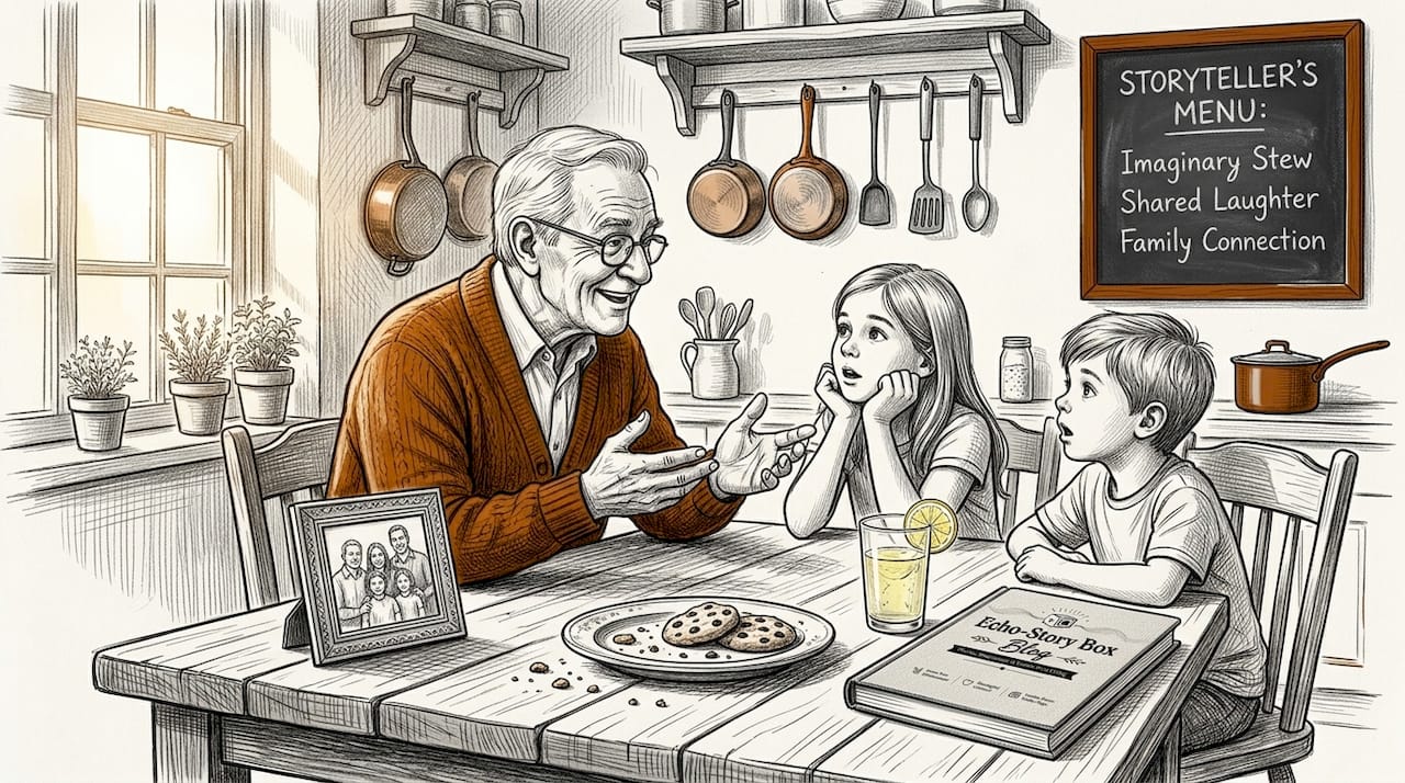 Grandfather sharing family story at kitchen table