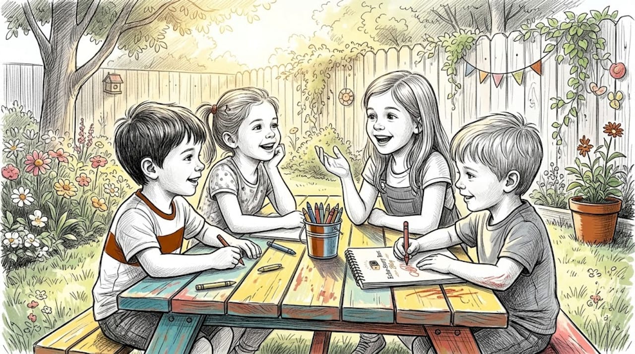 Children listening and sharing stories at kitchen table
