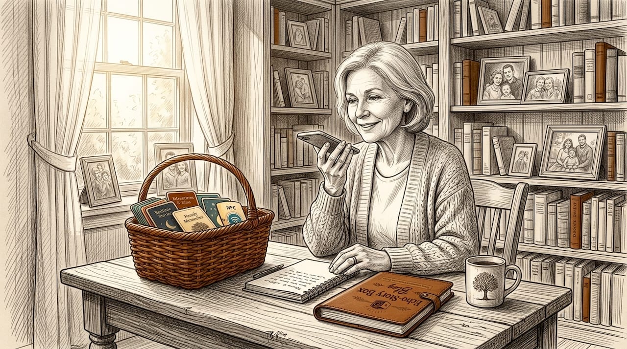 Grandmother recording stories with smartphone at desk