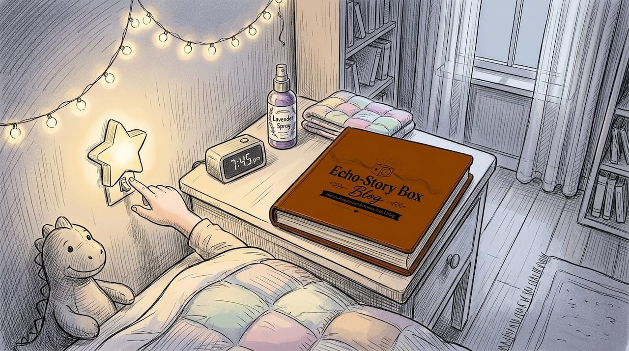 Child's bedside with calming bedtime items