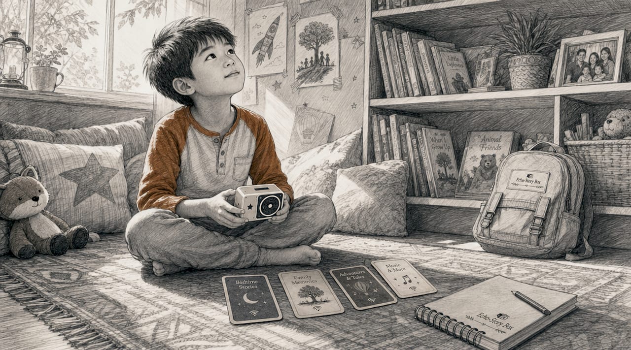 Child listening to family story on audio player