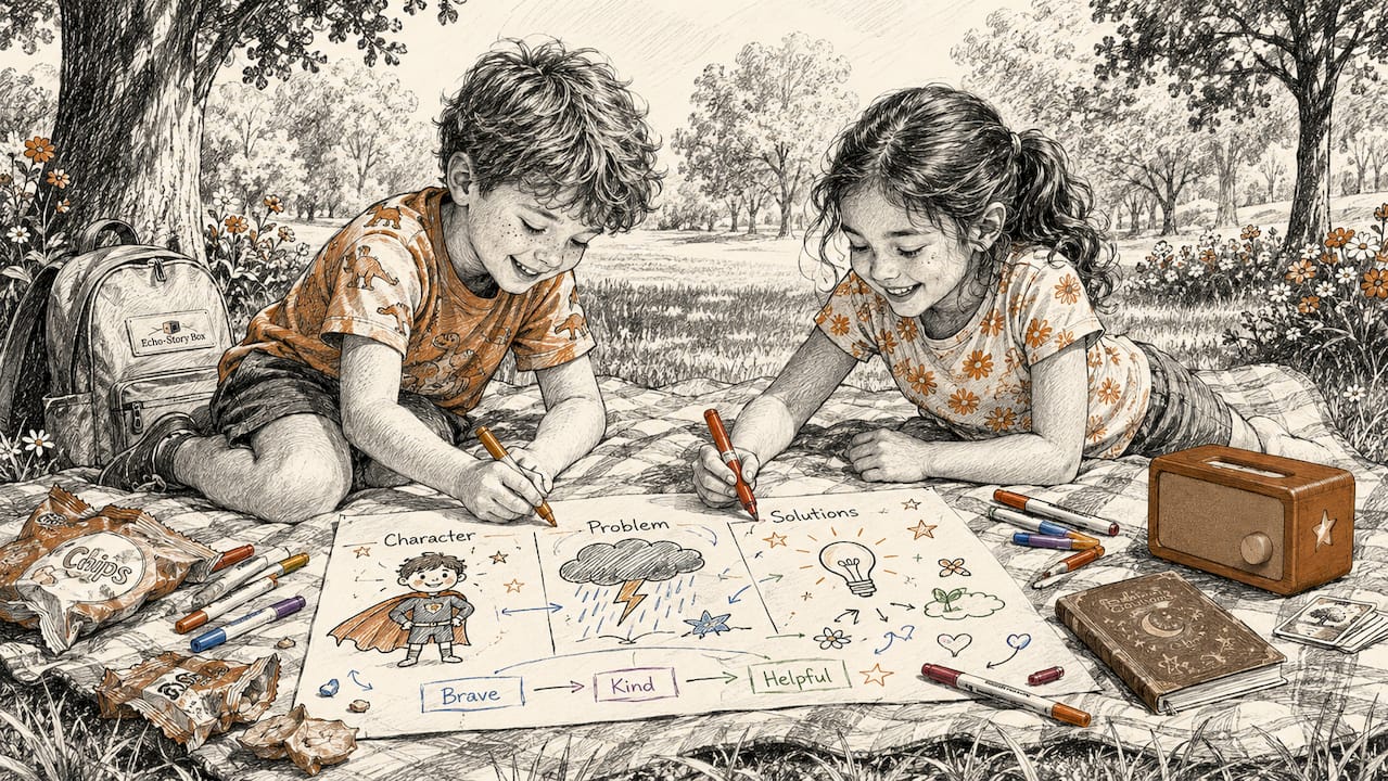 Children creating story map with colored pencils