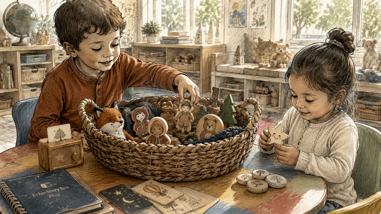 Children selecting objects from story basket
